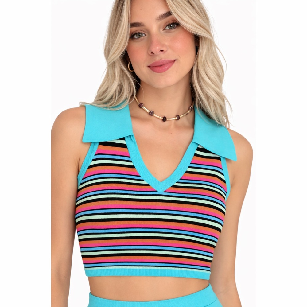 NWT Wild Fable Striped Cropped Polo Sweater Tank‎ Top Women L